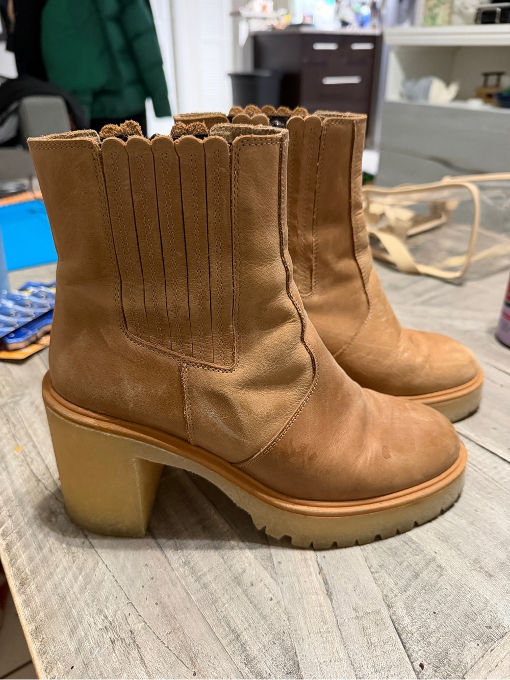 Free People Tan Leather Chunky Heel Ankle Boots